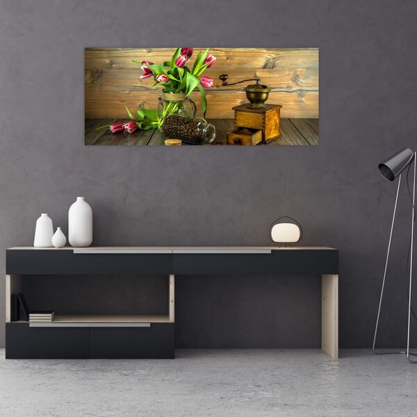 Tulipánok, daráló és kávé képe (120x50 cm)
