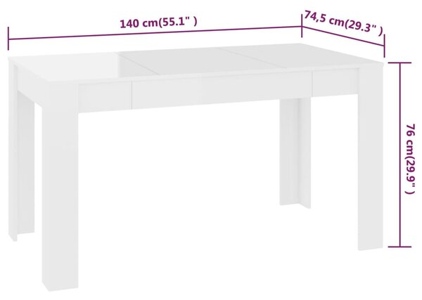 Magasfényű fehér forgácslap étkezőasztal 140 x 74,5 x 76 cm (804208)