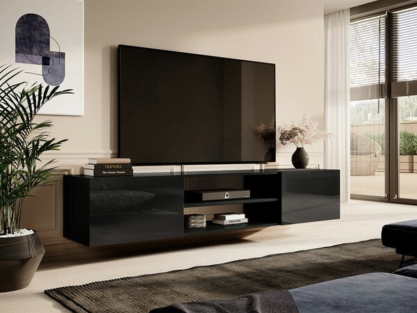 TV-állvány Imago II, Laminált forgácslap, Közepes sűrűségű farostlemez, 37x200x40cm, Fekete, Fényes fekete