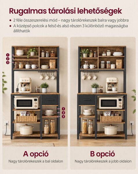 Konyhai polc konnektorokkal, állópolc, 40 × 80 × 180,4 cm, vintage barna–fekete színben