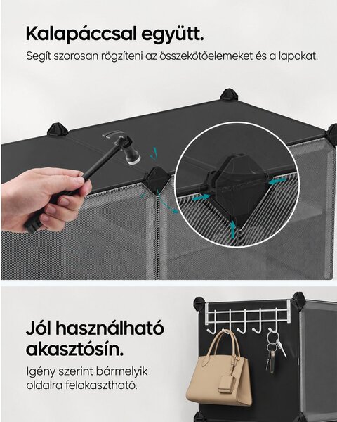 Összekapcsolható cipőtartó, 10 rekeszes műanyag cipőszekrény, fekete