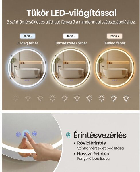 Kerek LED fürdőszobai tükör páramentesítővel, 61 cm, állítható világítással