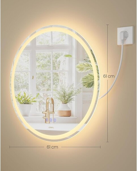Kerek LED fürdőszobai tükör páramentesítővel, 61 cm, állítható világítással