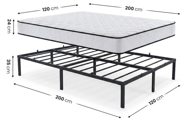 AKORD Furniture Factory Összecsukható Fém Ágykeret Rugós Matraccal 120x200 cm Fekete 9 Lábbal 20 Léccel