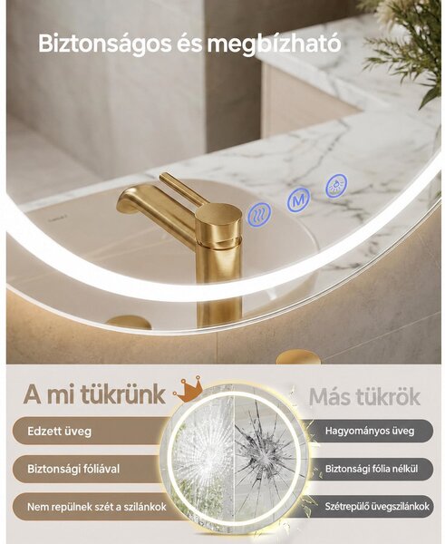 Kerek LED fürdőszobai tükör páramentesítővel, 61 cm, állítható világítással