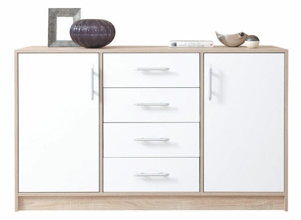 Komód Cavmero 109, Laminált forgácslap, 84x140x40cm, Sonoma tölgy, Fehér