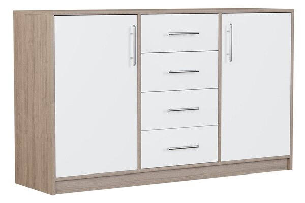 Komód Cavmero 109, Laminált forgácslap, 84x140x40cm, Sonoma tölgy, Fehér