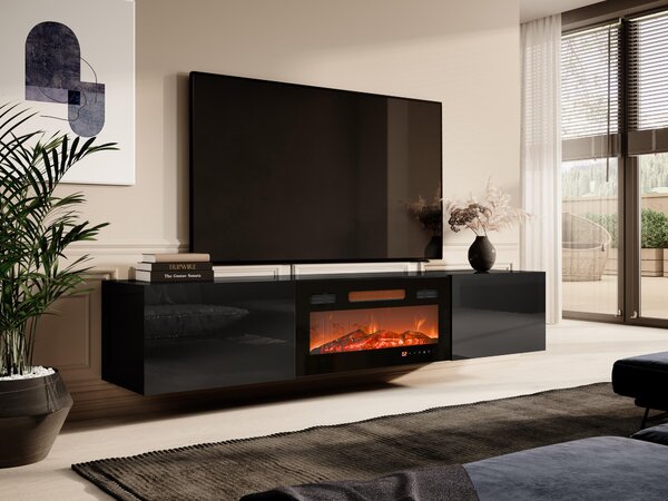 TV-állvány Imago I, Közepes sűrűségű farostlemez, Laminált forgácslap, 37x200x40cm, Fekete, Fényes fekete
