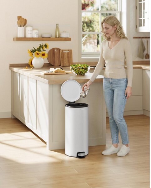 Fém kerek konyhai szemetes, 30 L, pedálos, műanyag belső vödörrel, fehér