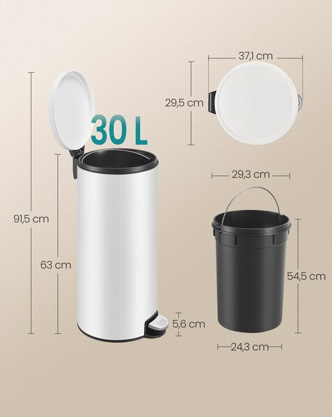 Fém kerek konyhai szemetes, 30 L, pedálos, műanyag belső vödörrel, fehér