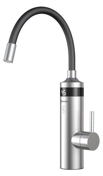 Aqualine Aqualine, TON elektromos keverőcsaptelep átfolyós vízmelegítővel, flexibilis karral, 230V, 3 kW, fekete/rozsdamentes acél, 211085