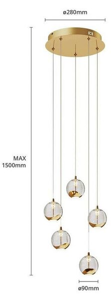 Lucande LED-es függőlámpa Hayley, Ø 30 cm, 5 lámpás, arany, üveg, Tiszta / átlátszó, Nappali / Étkező, Üveg, Modern