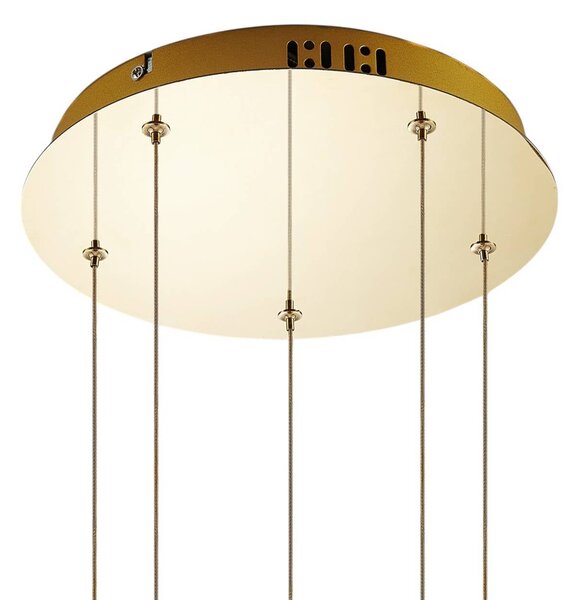 Lucande LED-es függőlámpa Hayley, Ø 30 cm, 5 lámpás, arany, üveg, Tiszta / átlátszó, Nappali / Étkező, Üveg, Modern