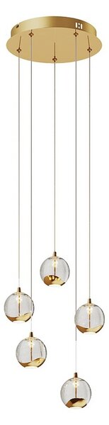 Lucande LED-es függőlámpa Hayley, Ø 30 cm, 5 lámpás, arany, üveg, Tiszta / átlátszó, Nappali / Étkező, Üveg, Modern