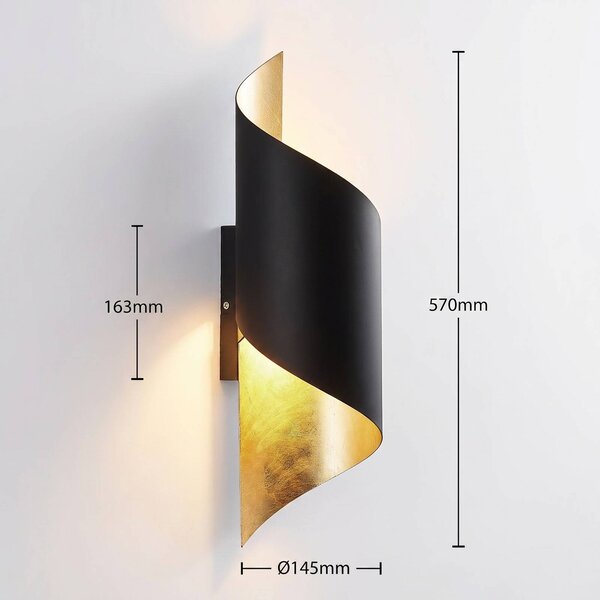 Lindby fali lámpa Vanni, fekete/arany, fém, magasság 57cm, dimmelhető, Fekete, Hálószoba, fém, Modern