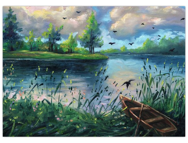 Kép - olajfestmény, Nyári este a tónál (70x50 cm)
