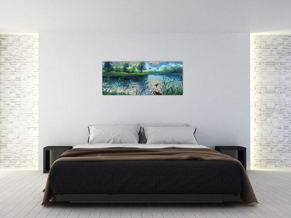 Kép - olajfestmény, Nyári este a tónál (120x50 cm)