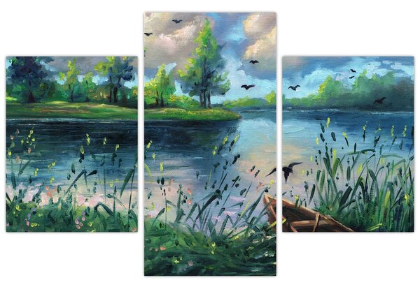 Kép - olajfestmény, Nyári este a tónál (90x60 cm)
