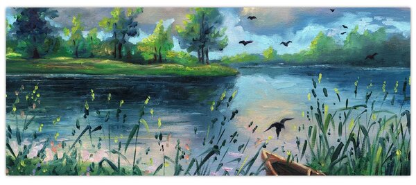 Kép - olajfestmény, Nyári este a tónál (120x50 cm)