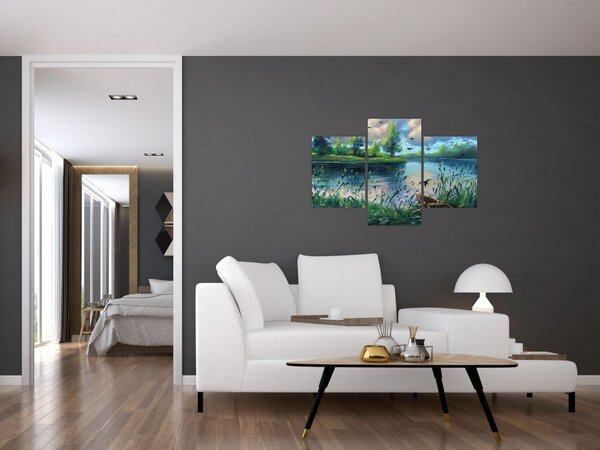 Kép - olajfestmény, Nyári este a tónál (90x60 cm)