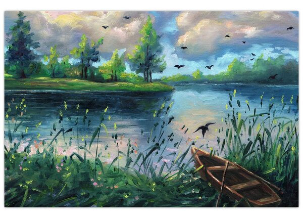 Kép - olajfestmény, Nyári este a tónál (90x60 cm)