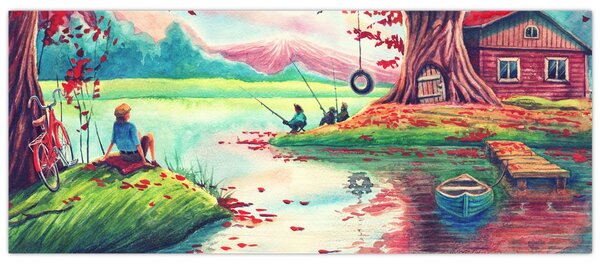 Kép - akvarell, Öböl egy hegyi faluban (120x50 cm)