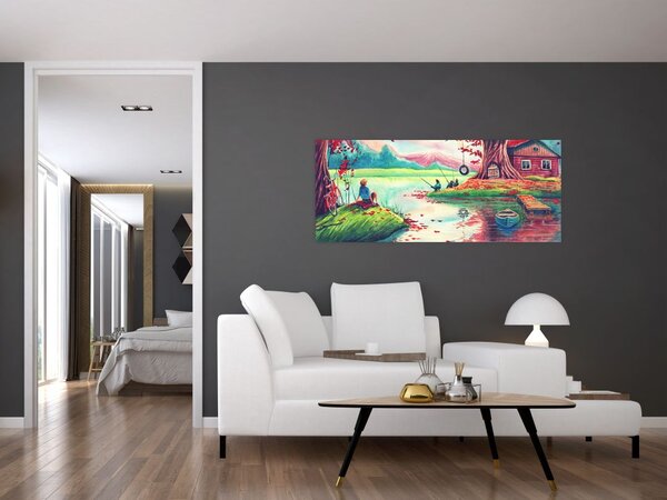 Kép - akvarell, Öböl egy hegyi faluban (120x50 cm)