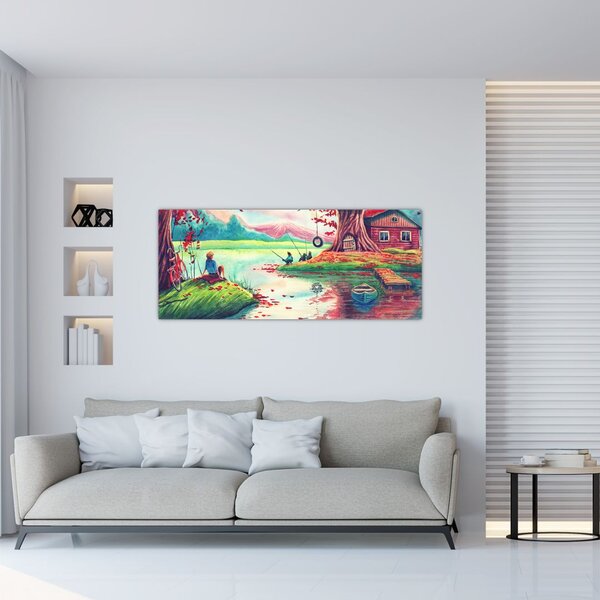 Kép - akvarell, Öböl egy hegyi faluban (120x50 cm)