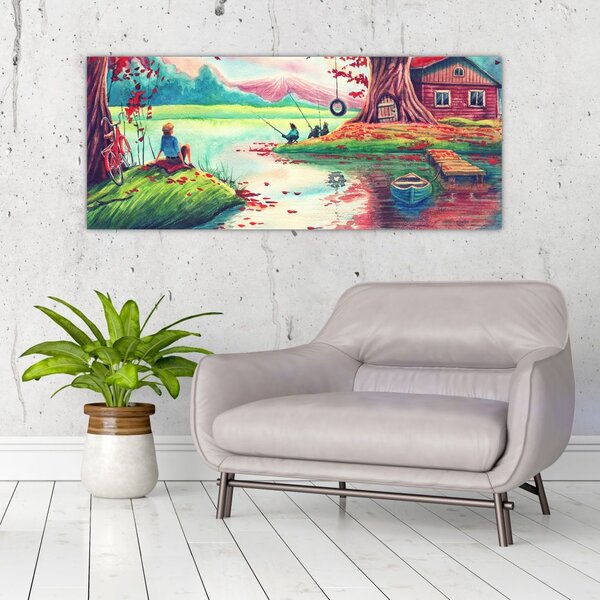 Kép - akvarell, Öböl egy hegyi faluban (120x50 cm)
