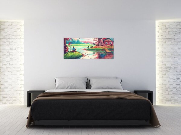 Kép - akvarell, Öböl egy hegyi faluban (120x50 cm)