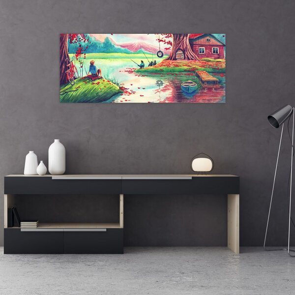 Kép - akvarell, Öböl egy hegyi faluban (120x50 cm)