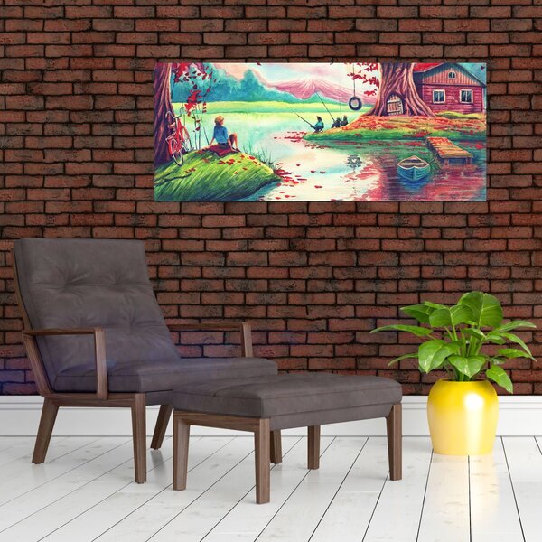 Kép - akvarell, Öböl egy hegyi faluban (120x50 cm)