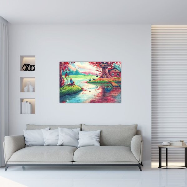 Kép - akvarell, Öböl egy hegyi faluban (90x60 cm)