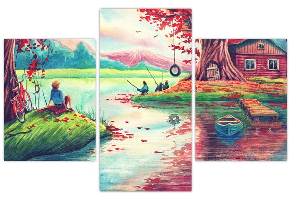 Kép - akvarell, Öböl egy hegyi faluban (90x60 cm)