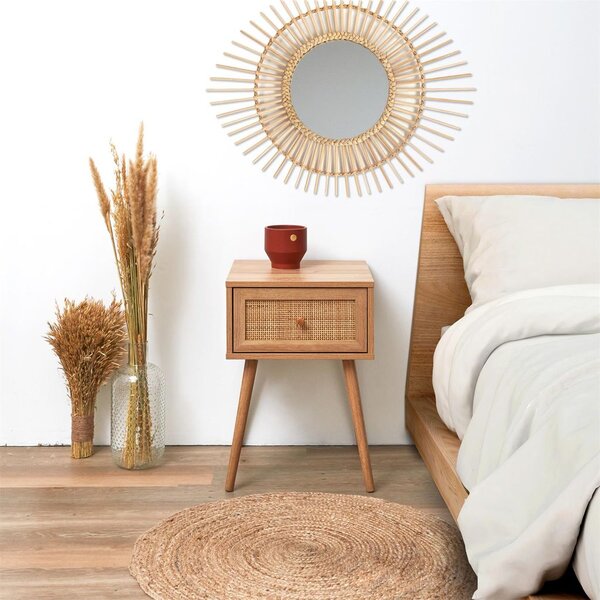 Éjjeliszekrény, fiókkal, 55x40 cm, fa mintás és rattan - BALI