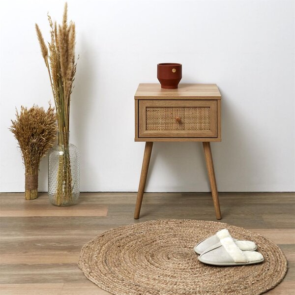 Éjjeliszekrény, fiókkal, 55x40 cm, fa mintás és rattan - BALI