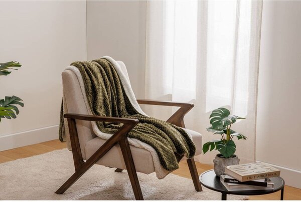 Pléd, flanel és sherpa, 130x170 cm, khaki zöld - LYNO
