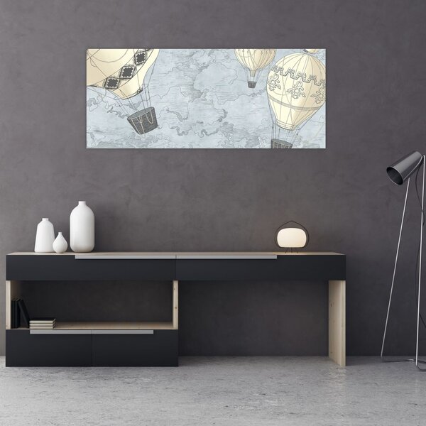 Kép - léggömbök a város felett, hűvös tónusok (120x50 cm)