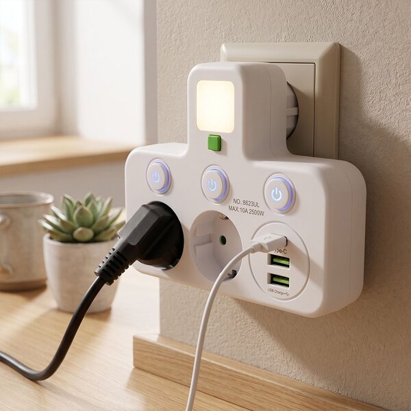 Toolight Toollight, JNH017, csatlakozóaljzat-elosztó 2 aljzat + 2× USB-A + USB-C LED lámpával, fehér, OSW-56309