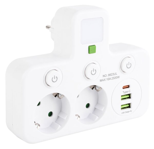 Toolight Toollight, JNH017, csatlakozóaljzat-elosztó 2 aljzat + 2× USB-A + USB-C LED lámpával, fehér, OSW-56309