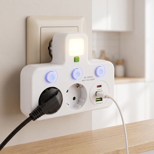 Toolight Toollight, JNH017, csatlakozóaljzat-elosztó 2 aljzat + 2× USB-A + USB-C LED lámpával, fehér, OSW-56309