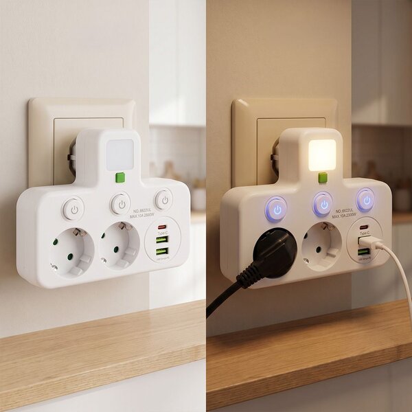 Toolight Toollight, JNH017, csatlakozóaljzat-elosztó 2 aljzat + 2× USB-A + USB-C LED lámpával, fehér, OSW-56309