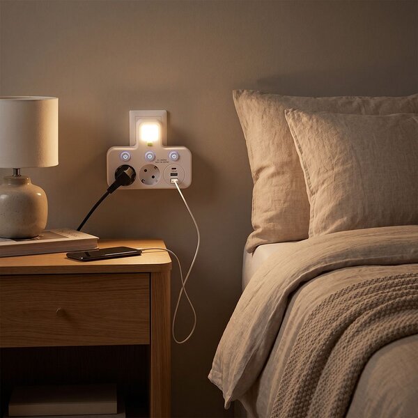 Toolight Toollight, JNH017, csatlakozóaljzat-elosztó 2 aljzat + 2× USB-A + USB-C LED lámpával, fehér, OSW-56309