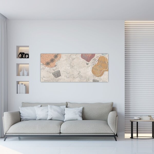 Kép - léggömbök a város felett , meleg tónusok (120x50 cm)