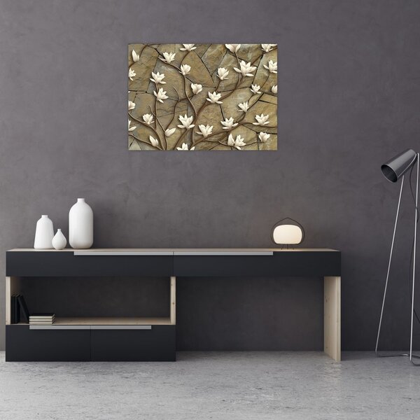 Kép - Fehér magnóliák kőfalazaton (70x50 cm)