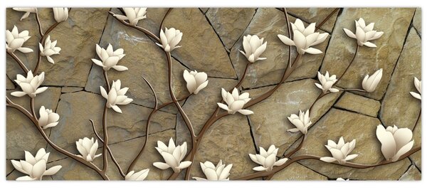 Kép - Fehér magnóliák kőfalazaton (120x50 cm)