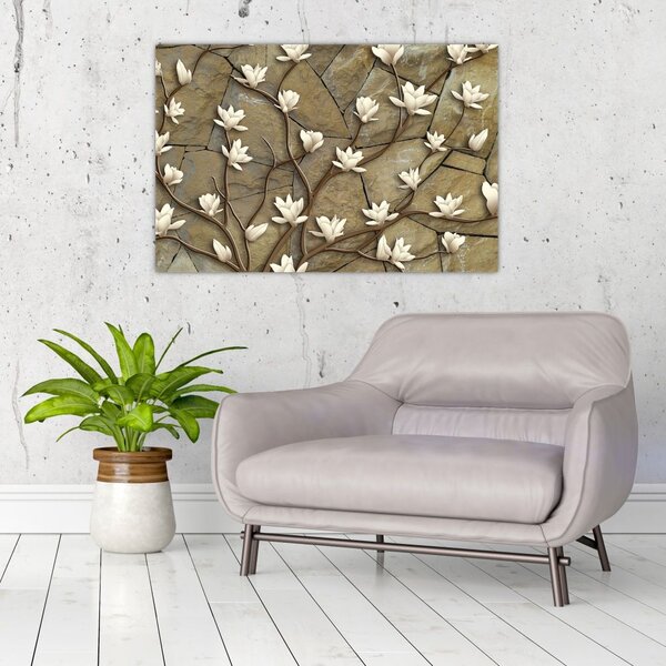 Kép - Fehér magnóliák kőfalazaton (90x60 cm)