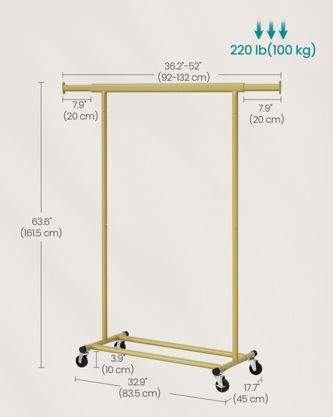 SONGMICS kerekes ruhásállvány 100 kg teherbírással halványarany
