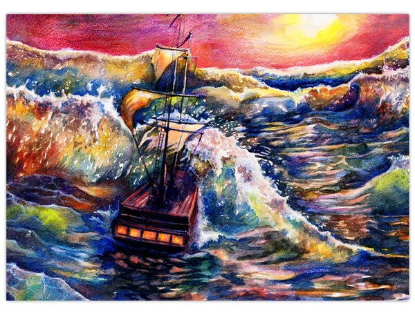 Kép - Hajó az óceán hullámain, aquarel (70x50 cm)