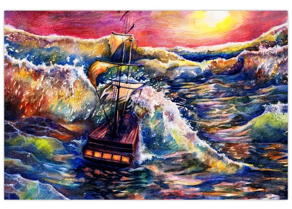 Kép - Hajó az óceán hullámain, aquarel (90x60 cm)